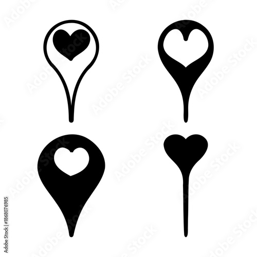 Heart location pin icons set, love map markers, pointer symbol Vector