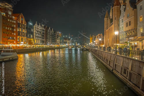 Gdansk and the Motlawa River at night, Poland.