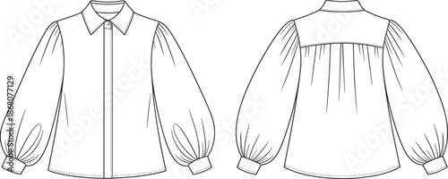 Women blouse line art illustration, front and back view puff sleeve shirt outline, elegant fashion technical drawing for apparel design, tailoring, and textile production