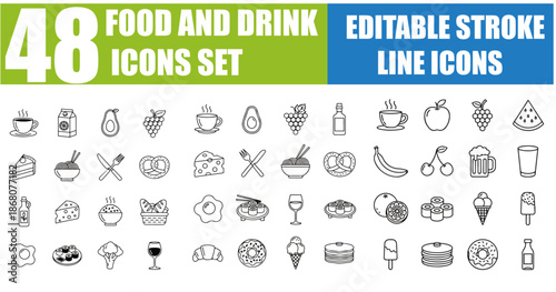 Food and Drink Line Editable Icons Set - Fast Food, Burger, Pizza, Vegetables, Coffee, Desserts, Meat, Restaurant Menu, Nutrition, Healthy Diet, Cuisine, Beverages and More - Thin Line Style Vector Il