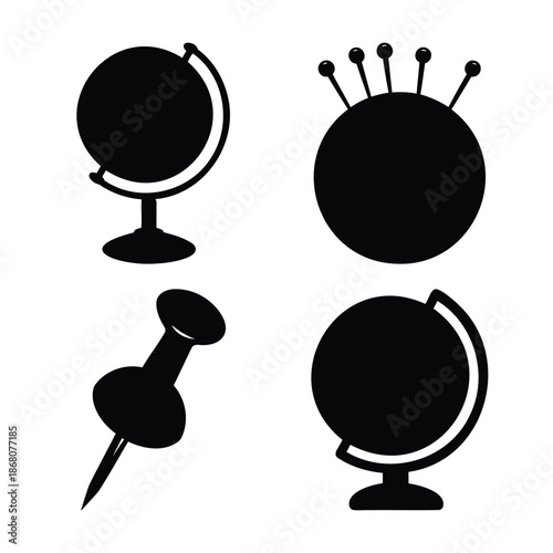 Essential office and education icons: globes, pincushion, pushpin Vector