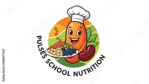A colorful cartoon vegetable character wearing a chef hat holding a plate of fruits and pulses for school nutrition