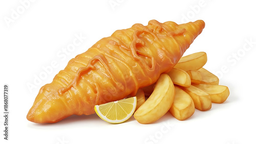 Delicious golden battered fish served with thick-cut potato wedges and a refreshing slice of lemon on a white background, a classic comfort food dish