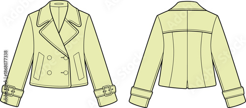 Women cropped coat line art illustration, front and back view double breasted jacket outline, modern elegant outerwear fashion technical drawing for apparel design
