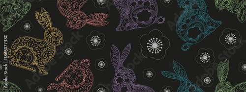 Seamless pattern of decorative rabbits and floral line art on black background.Vector for Chinese New Year,Easter,Mid Autumn Festival,Spring themes,Traditional art,Lunar New Year celebration design
