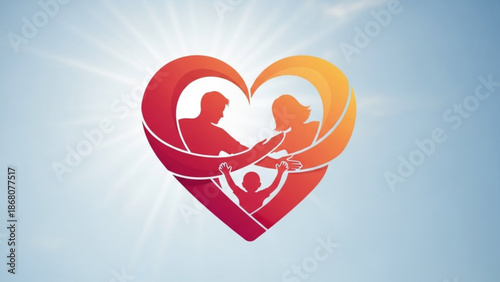 A heartwarming vector graphic of a family in a heart shape with a sunburst background