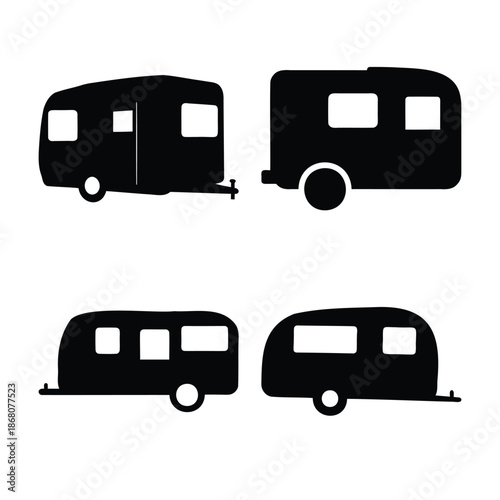 Travel trailer and camper vehicle silhouettes, adventure icons Vector