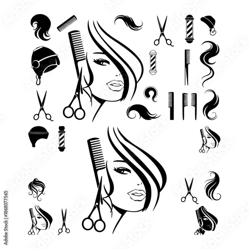 woman hair cut, saloon icons set silhouette pack