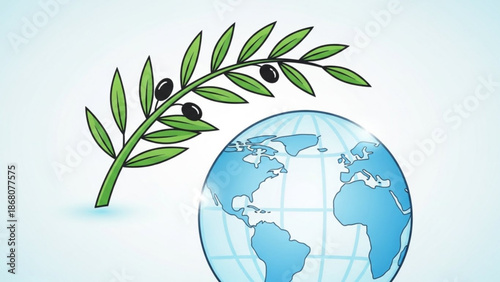 A vector graphic illustration of a globe with an olive branch symbolizing peace and harmony