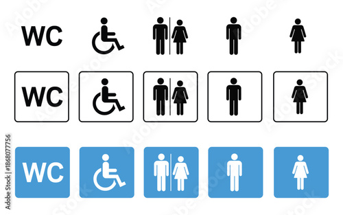 Toilet icon set vector. public restroom, disabled access, and gender specific toilet sign pictograms symbol. vector illustration.