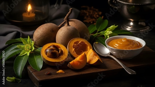 Mamey Sapote Fruit and Puree with Candlelight Keywords: mamey sapote, fruit, tropical fruit