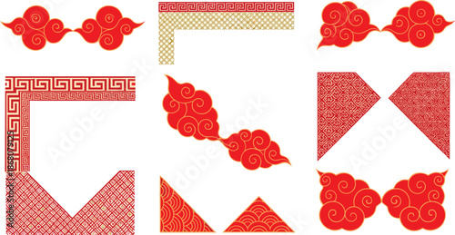 Traditional Chinese Red Cloud and Decorative Border Elements Set for Lunar New Year Vector.