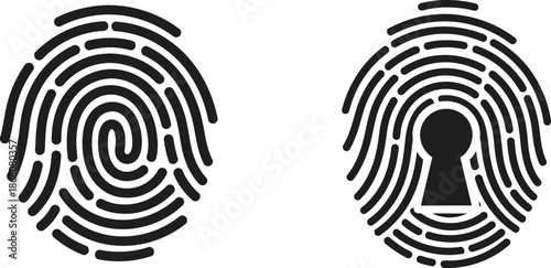 Two fingerprint icons one with a keyhole on transparent background silhouette