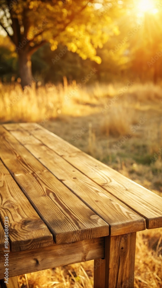 Fototapeta premium Rustic charm abounds beneath a weathered wooden table in a serene outdoor setting