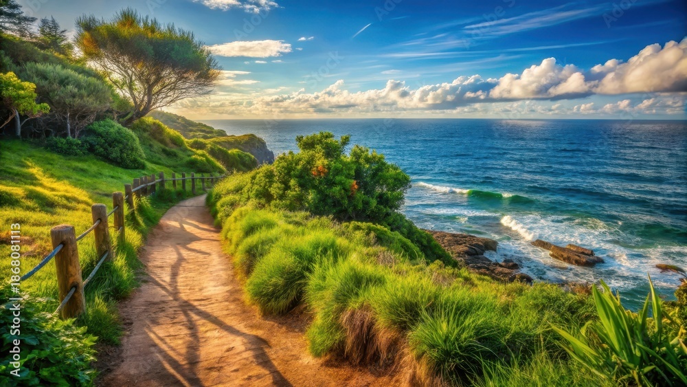 Obraz premium A serene coastal path beckons with tranquil ocean views and lush greenery