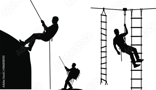 Zipline adventure with people climbing and descending a dynamic silhouette on transparent background