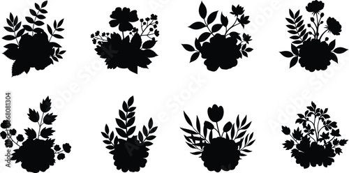 Floral arrangement silhouettes collection with various blooms on transparent background