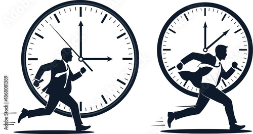 Businessmen running inside clocks representing time pressure on transparent background silhouette