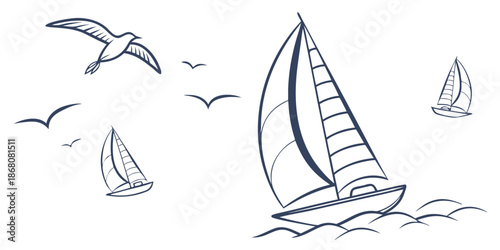 A minimalist vector illustration of sailboats and seagulls on the water