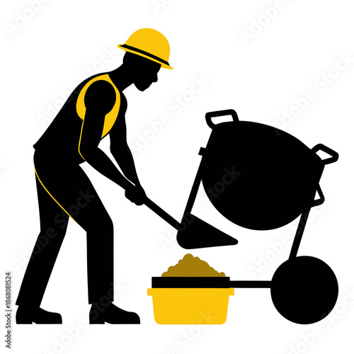 Construction Worker Operating Cement Mixer Silhouette Illustration