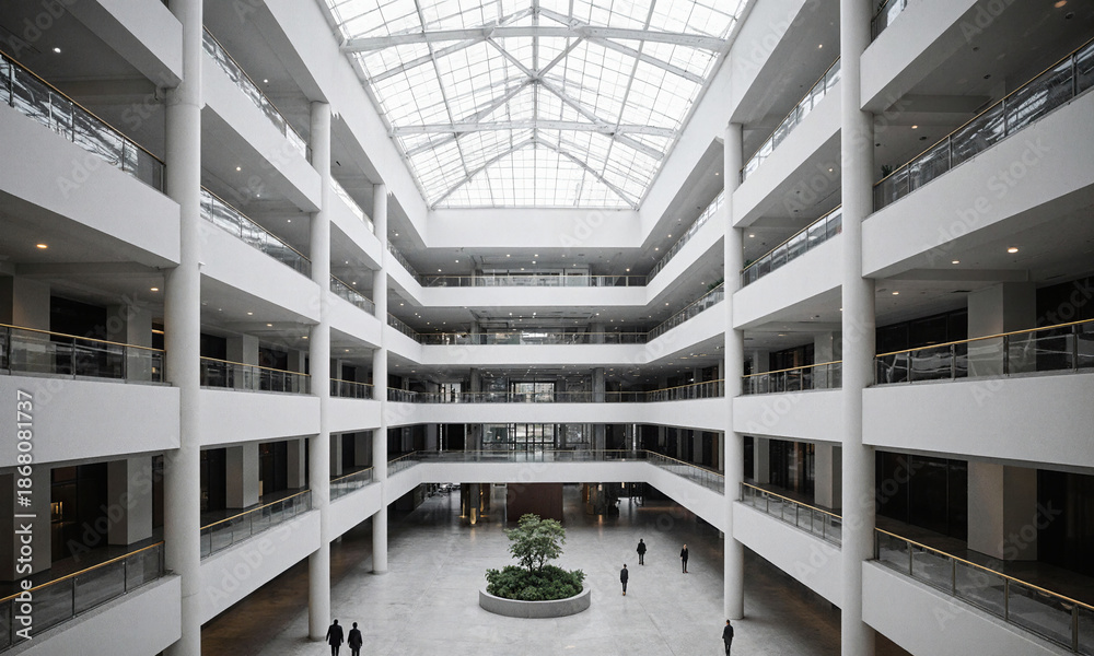 Fototapeta premium Skylit Atrium Unoccupied. A dramatic, high-angle shot looking down into a multi-story office atrium, completely devoid of people. A massive