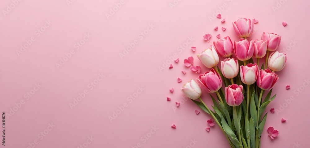 Obraz premium A bouquet of pink and white tulips lies on a pastel background with scattered hearts, Minimalist flat lay, Mother's Day greeting.