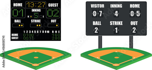 Baseball Sports Digital Scoreboard Illustration, Match Results Display Panel Isolated on White Background Vector
