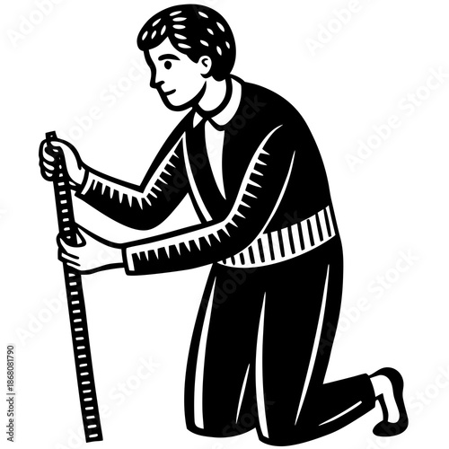 Technician Using Measuring Tool – Worker Kneeling Silhouette Vector