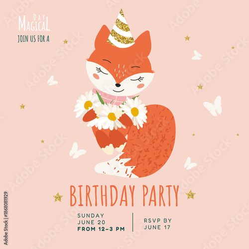 Magical birthday party invitation template featuring a cute fox character in a party hat holding flowers. Decorated with a pink background, glitter stars, and butterflies for a child's happy day.