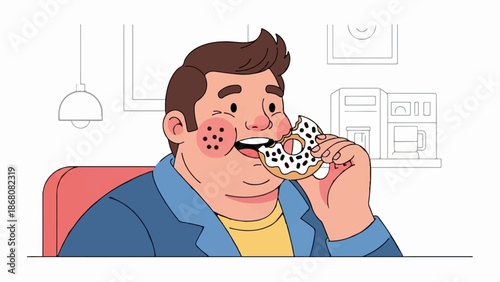 A man with a round face and brown hair is enjoying a donut with white frosting and dark speckles