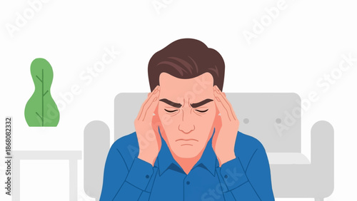A man with closed eyes grips his temples, appearing stressed or in pain, sits on a sofa