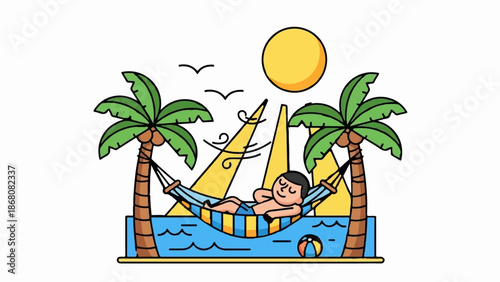 A man relaxes in a hammock between palm trees under a yellow sun