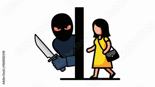 A masked figure with a knife lurks behind a column, eyeing a woman walking past