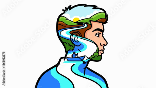 A man's profile reveals a surreal landscape with a river and a person rowing a boat