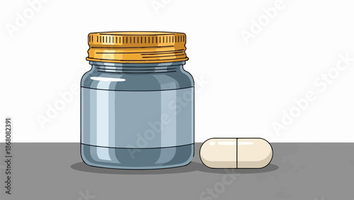A medicine bottle with a gold lid sits beside a single pill