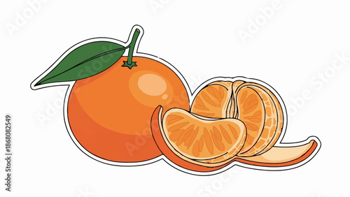 A peeled tangerine with segments and a whole tangerine with a leaf