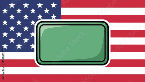 A minimalist graphic of the United States flag with a green rectangle in the foreground