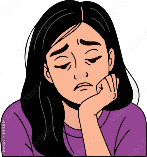 A pensive young woman rests her chin on her hand, eyes downcast and brow furrowed