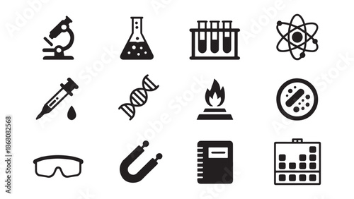 Science and laboratory research icon collection including microscope, DNA helix, test tubes, atom, beaker, safety goggles, magnet, and syringe for chemistry, biology, and medical education design.
