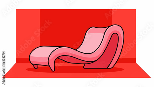 A minimalist pink chaise lounge rests in a bright red room