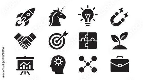 Business startup and strategy icon set featuring rocket launch, unicorn, idea lightbulb, target goal, puzzle, handshake, growth plant, and presentation chart for corporate management and success.