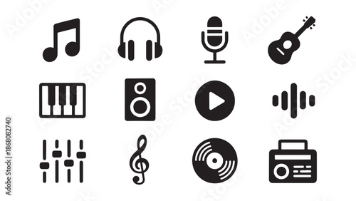 Audio and music icon set featuring headphones, microphone, guitar, piano, speaker, vinyl record, sound wave, radio, and equalizer for sound engineering and media player interface design projects.