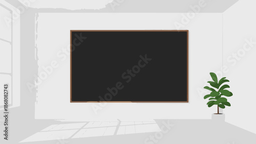 A minimalist room features a dark blackboard on a white wall, sunlight casting shadows