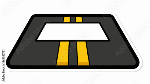 A minimalist, stylized depiction of a road with yellow markings and a white central area