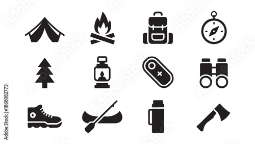 Camping and outdoor adventure icon set featuring tent, campfire, backpack, compass, canoe, hiking boot, lantern, axe, and binoculars for nature travel, scouting, summer, and wilderness survival.