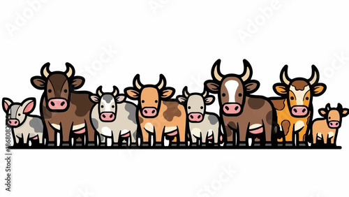 A line of cartoon cows and calves of various colors stand in a row