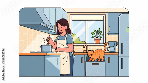 A person cooks in a kitchen with a cat nearby