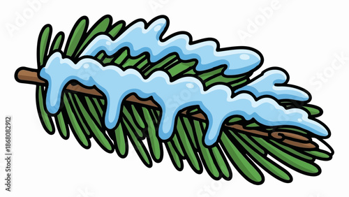 A green pine branch with a thick layer of melting blue snow