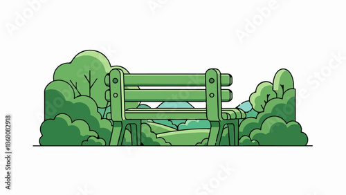 A green park bench is nestled amongst lush green trees and rolling hills