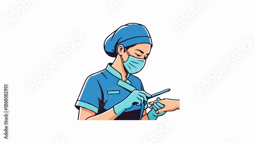 A healthcare professional in blue scrubs and mask is carefully filing a patient's fingernail